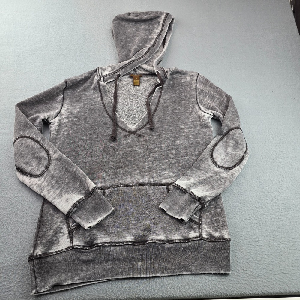 Copper Key Hoodie Womens S Gray Acid Wash Elbow Patches Sleeve Plunging V Neck